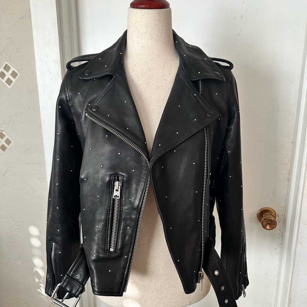 AllSaints Studded Balfern Black Sheep Leather Biker Moto Jacket Size 6 Womens - Picture 2 of 7